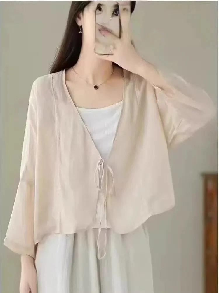 

Легкий льняной открытый кардиган, женский длинный све, летняя мода, маленькая верхняя одежда в стиле ретро, солнцезащитное пальто с v-образным вырезом