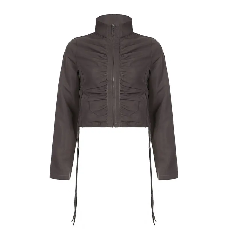 Manteau Court Plissé avec Fermeture Éclair pour Femme, Vêtement à Col Vertical, de Haute Qualité, Cool et Beau, Automne