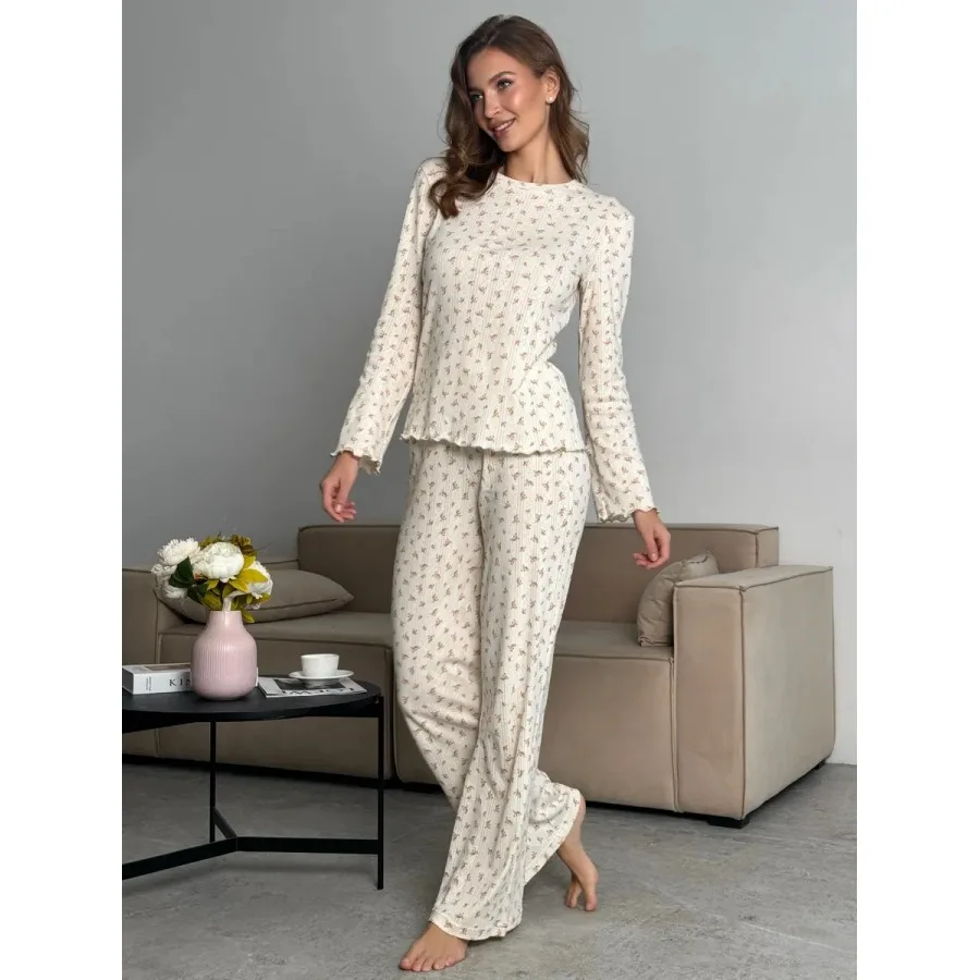 

Women's Floral Print Sleepwear round Neck Long Sleeve Home Clothes Set Comfortable Wide Leg Pants Casual Breathable