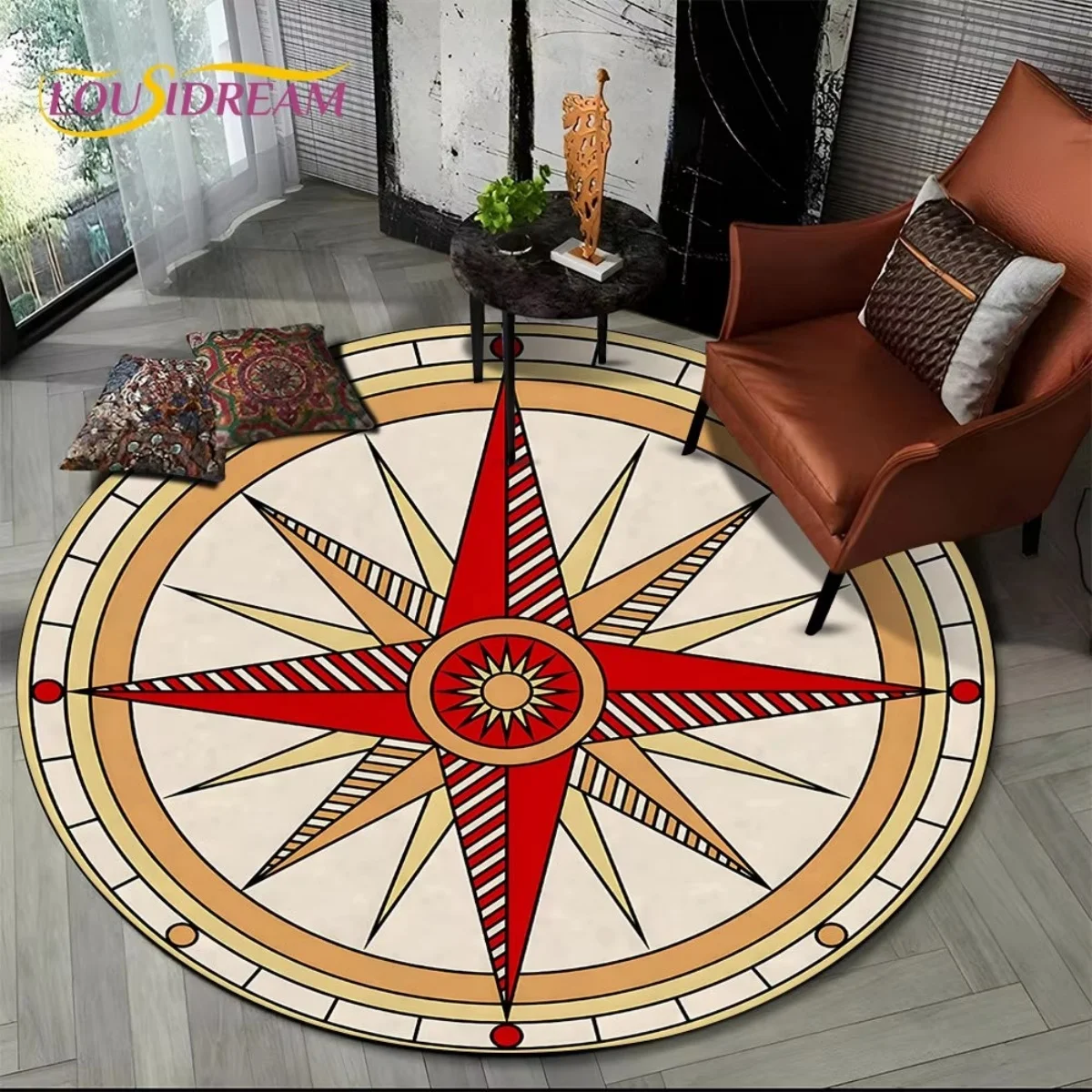Round Area Rug Vintage Compass Print Home Decor Carpet, Circular Floor Mat for Interior Ornament, Dropshipping Free Shipping