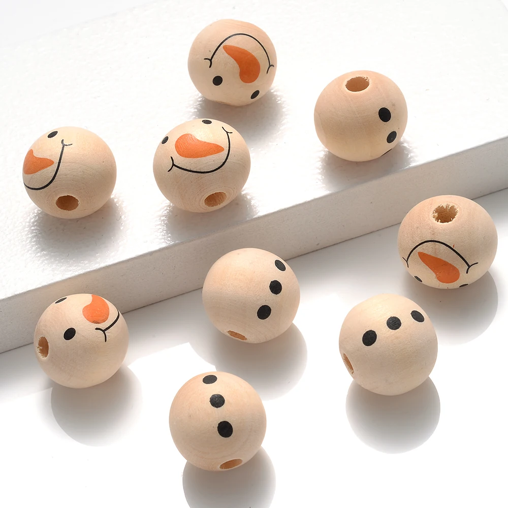 10/20 Stück 9mm Naturholzperlen mit Schneemann-Gesicht-Aufdruck, lose Abstandsperlen für Weihnachtsbaumgirlanden, Bastelarbeiten und DIY-Schmuckherstellung – Detail 7