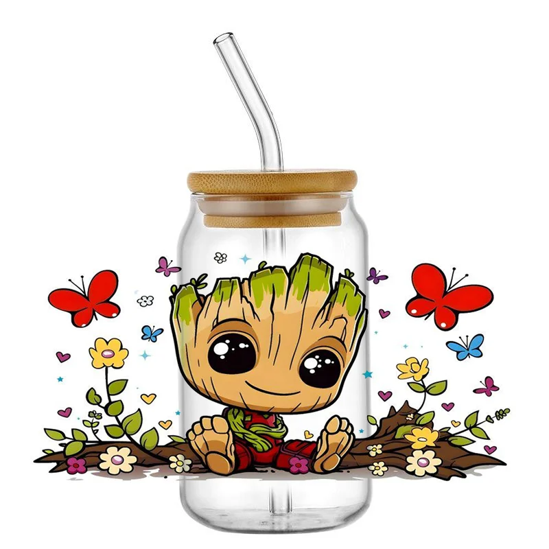 Miniso Groot Cartoon Super Hero Racing For Libbey 16oz Can Glass 3D Transfer Decal Sticker Labels DIY Logo Waterproof