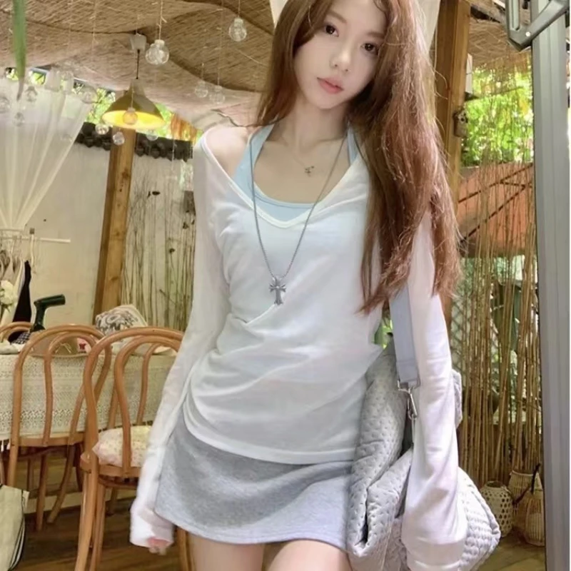Women's Relaxed Fit Long Sleeve T-Shirt Summer Thin Sheer V-Neck Tencel Cover up Top with Halter Pure Desire Sun Protection Oute