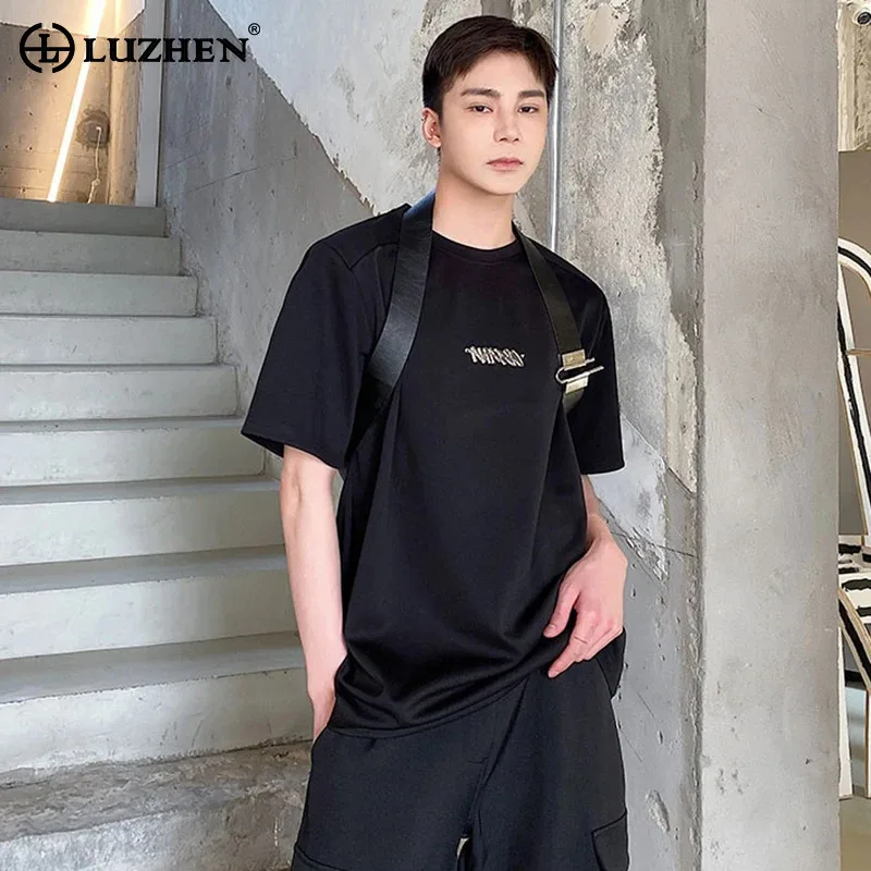 

LUZHEN Luxury Straps Decorate Short Sleeve T-shirts Men's Original 2025 Summer Loose High Quality Round Neck Casual Tops JY2736
