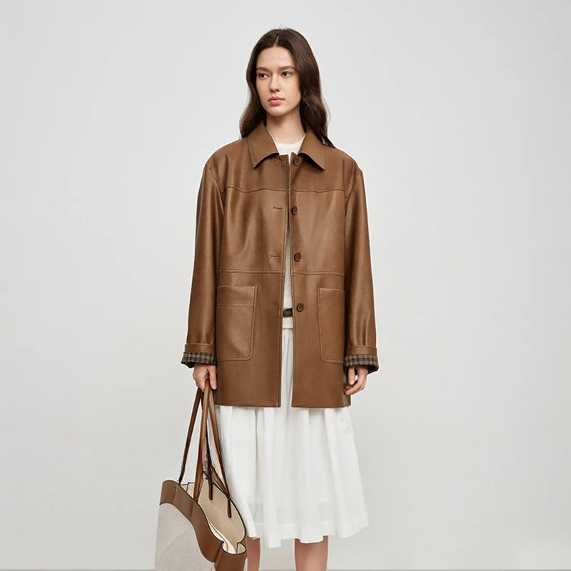 سترة من جلد الغنم الأصلي للخريف والشتاء للنساء باللون البني فضفاضة وجيب متوسط الطول من الجلد المدبوغ معطف واق من المطر ملابس خارجية #3