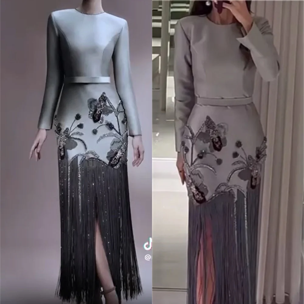 

Customized Luxury Satin Evening Dress Temperament O-Neck Long Sleeves Celebrity Gowns Sparkly Tassel Special Occasion Gowns