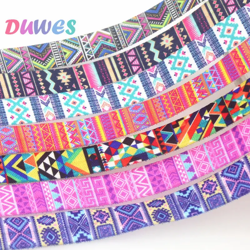 DUWES 5/8'' 50yards Tribal Plaid Folk-custom Printed Fold Elastic FOE Stretch Ribbon Hairbow Accessories Craft DIY Sewing D1831