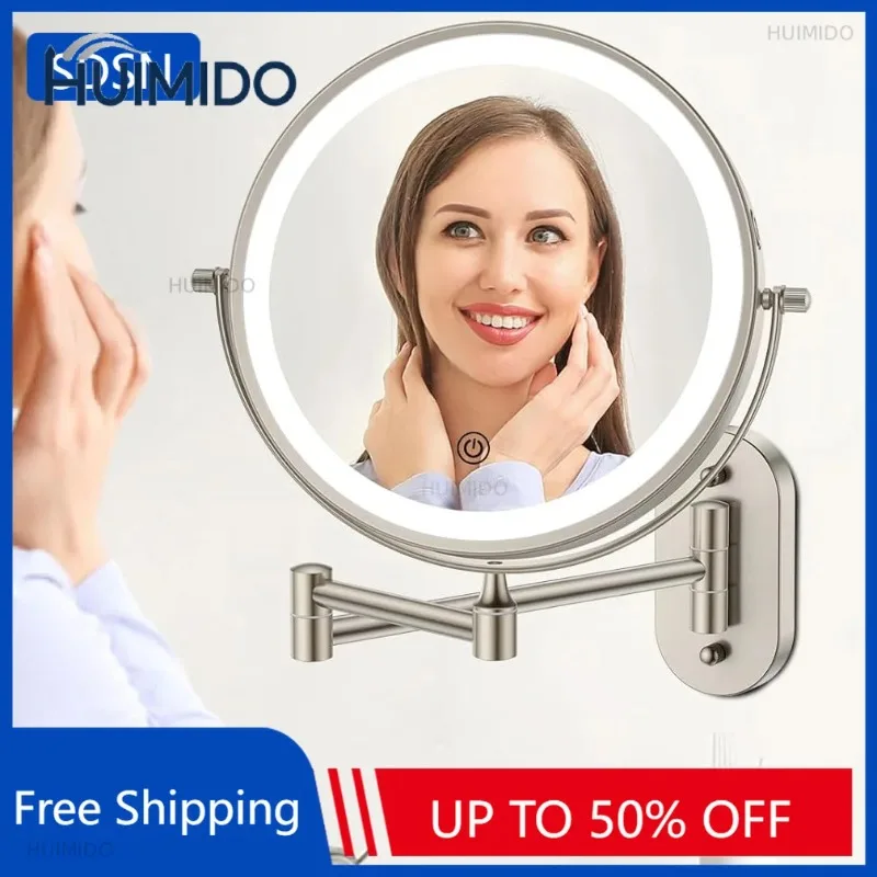 Brushed Nickel Touch on Bathroom Mirror Wall Mounted Lighted Hotel Bathroom Makeup Mirrors 5X Magnifying Led Folding Bath Mirror