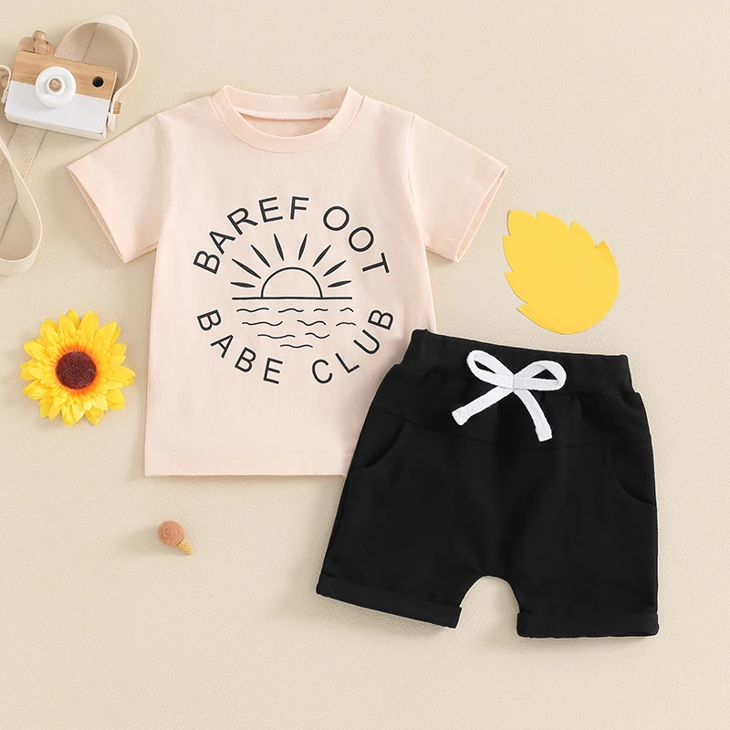 

2024-03-21 Lioraitiin 3M-3Y Toddler Boy Summer Outfit Letter&Sun Print Short Sleeve Tops with Elastic Waist Shorts 2Pcs Clothes