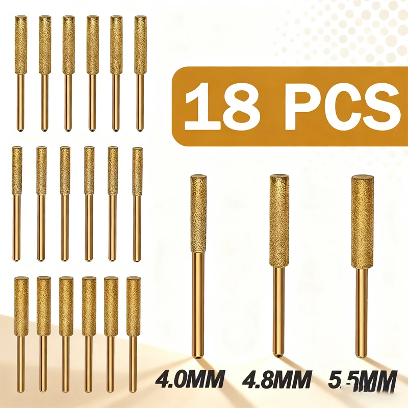 

18 шт. точилка для бензопилы с алмазным покрытием, цилиндрическая точилка с титановым покрытием, абразивная заусенца для резьбы бензопилы 4/4,8/5,5 мм.