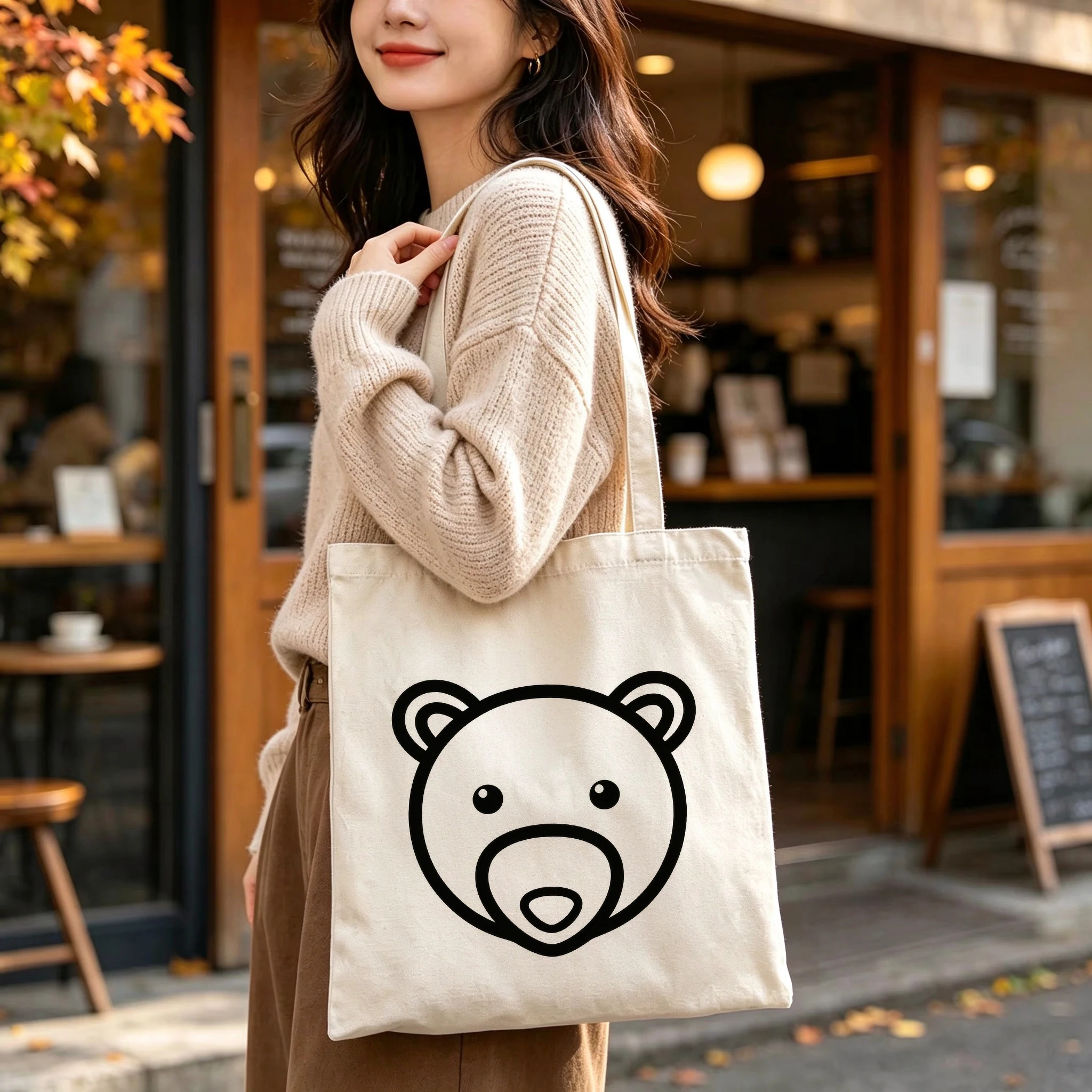 Personalized Bear Face Canvas Tote Bag Custom Name Minimalist Line Art Cute Simple Grocery Shopping Bag Reusable for Women Gifts