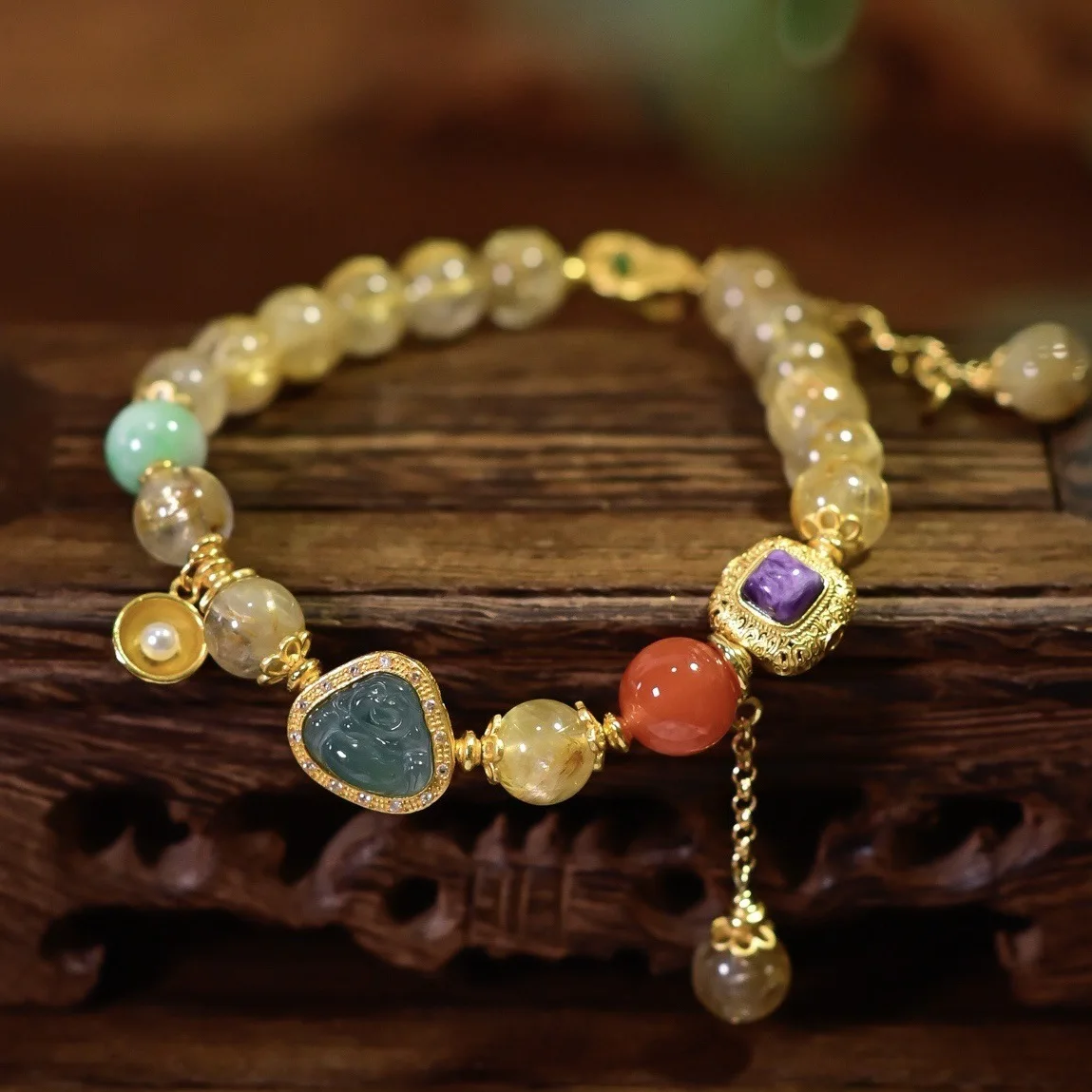 Natural Golden Rutilated Quartz Bracelet Jadeite Charoite Red Agate S925 Silver Gold Plated Multi Gem Women Hand Jewelry