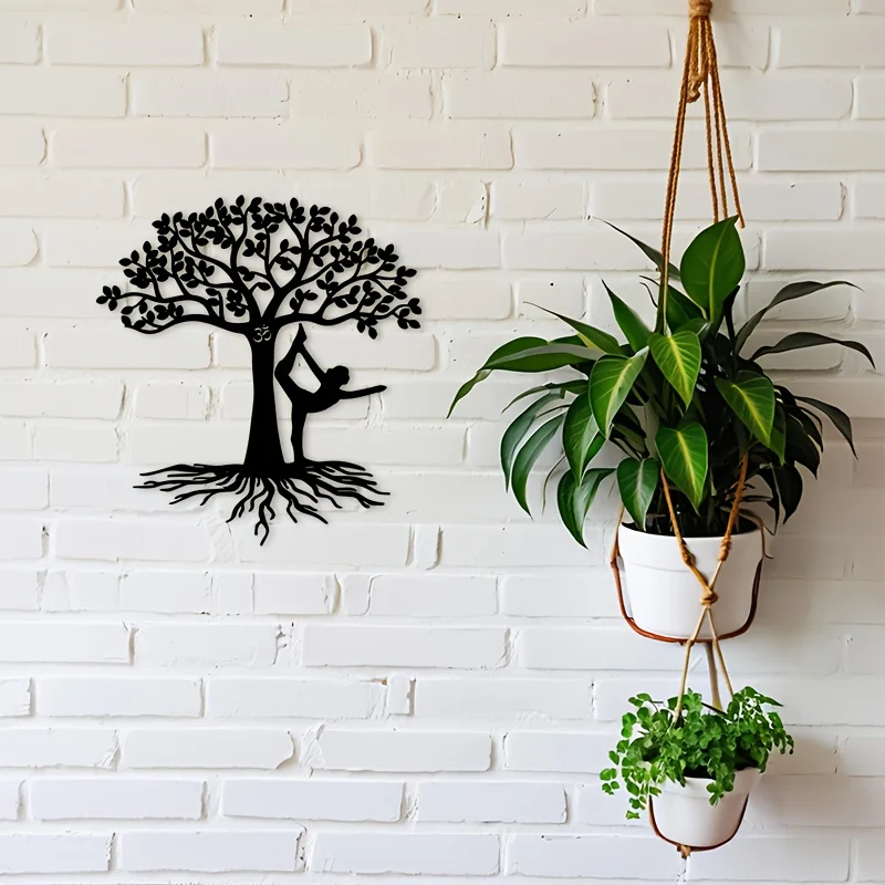 

2D плоский металлический настенный декор «Дерево йоги», 1 шт. — черный железный силуэт с позами йоги, 2D плоский знак для медитации для гостиной