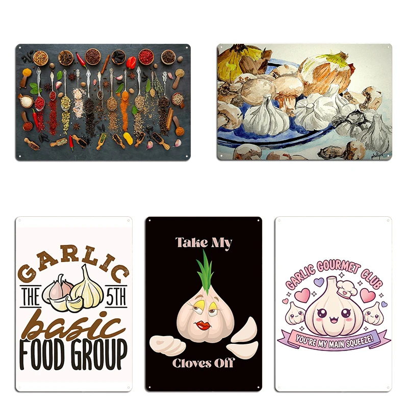 El mundo de las especias exóticas, ajo, el 5. ° grupo de alimentos básico, placa de Metal, decoración de pared oxidada, cartel de estaño personalizado para garaje