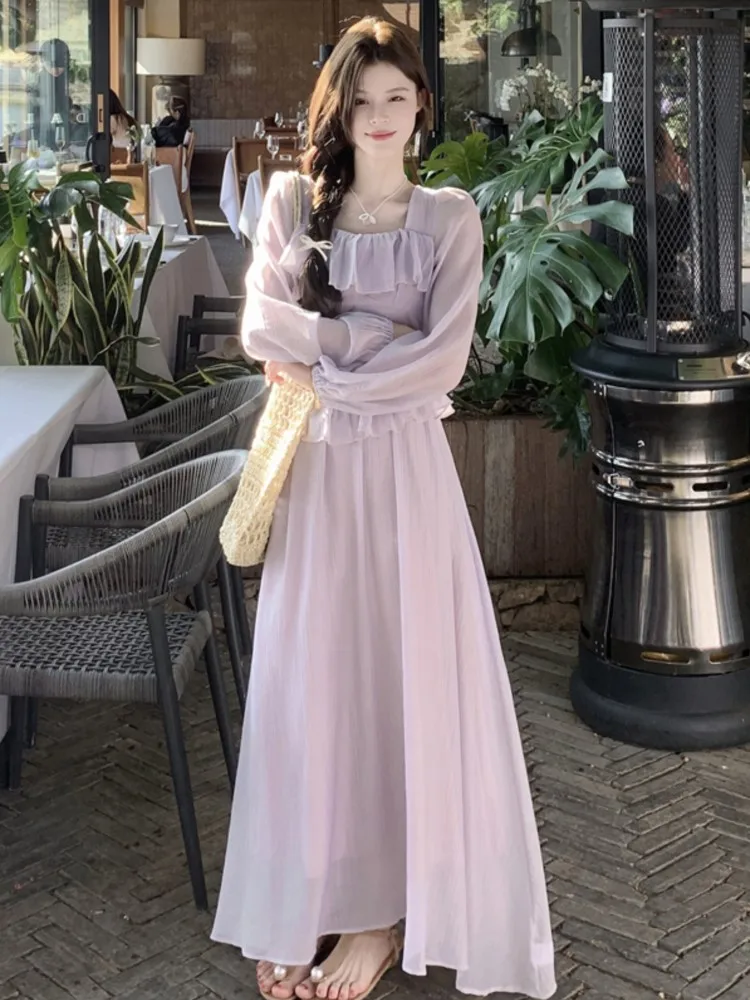 

Elegant French Romantic Ruffles Chiffon Purple Women's Dresses Square-Collar Slim Wasit Long Sleeves korean Dress Vacation New
