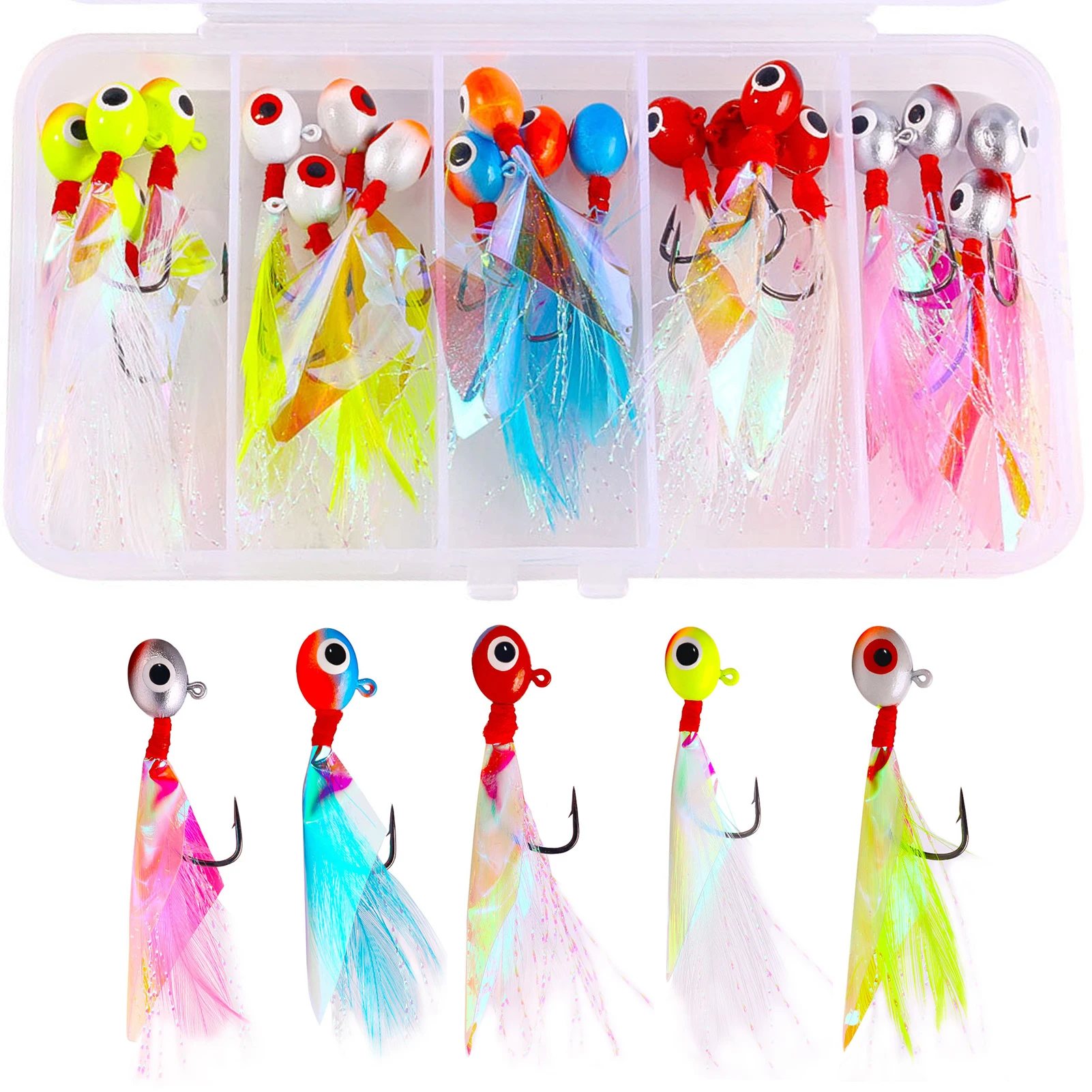 

20pcs/Box Crappie Jigs 0.85g 1.75g 3.5g Oval Jig Head Hook with Feather Rainbow Skin Fishing Lures Kit for Bass Trout Walleye