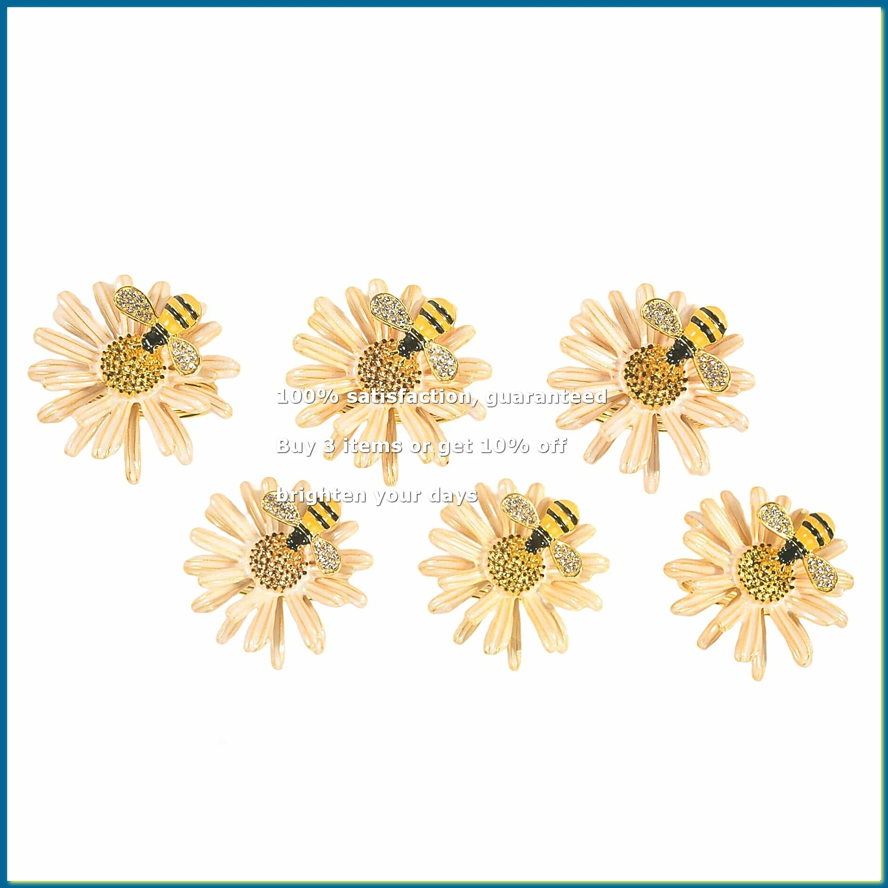 Set of 6 Daisy Sunflower Napkin Rings, Gold Bee Napkin Ring Holders for Formal or Casual Dinning Table Decor