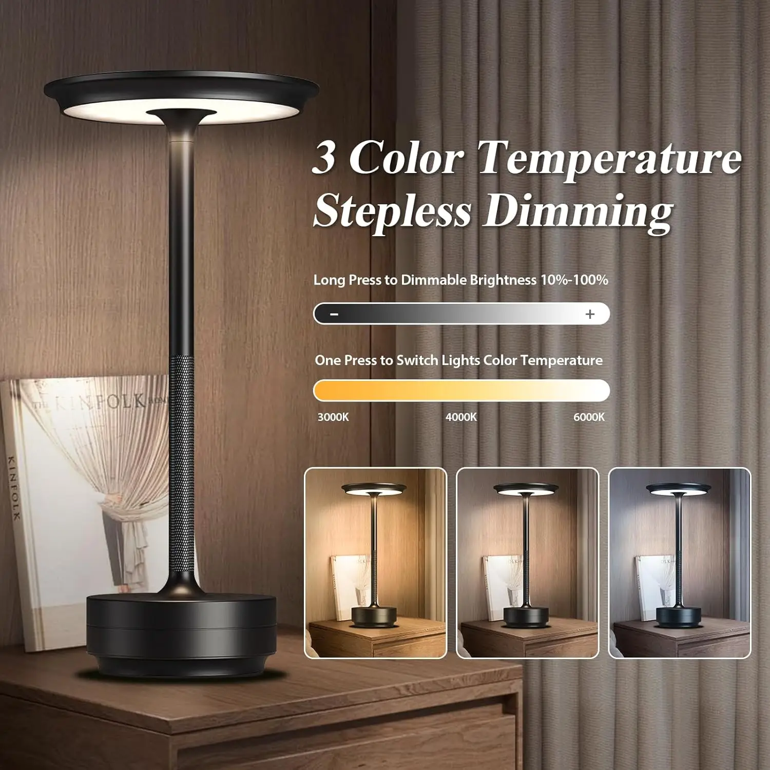 Rechargeable Cordless Table Lamps, Portable 5000mAh Battery Table Light, 3Color Stepless Dimming LED Table Light for home Office