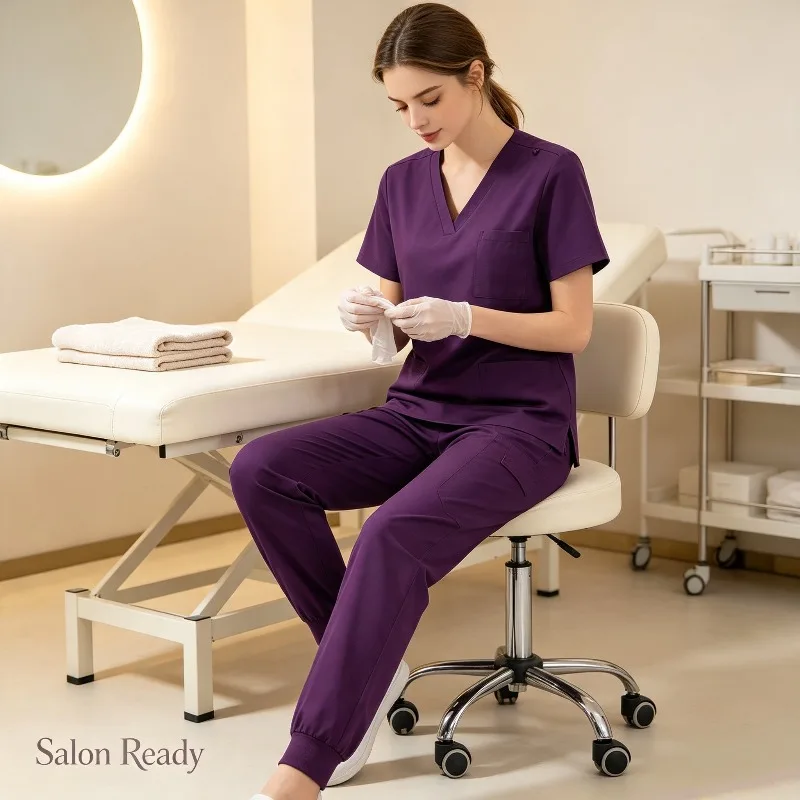 Womens Summer Scrub Set with Jogger Pants Short Sleeve V Neck Quick Dry Comfortable Work Clothes for Treatment Office