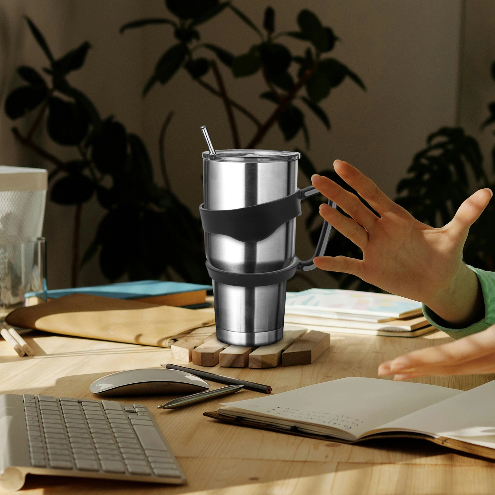 

Holder Car Cup Handle Travel Mug Grip For Tumbler Stainless Steel Black Plastic