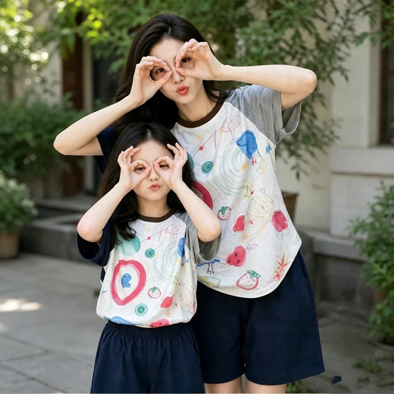 Summer Family Matching T Shirts Graffiti Print Raglan Tee Mommy and Me Outfit Casual Short Sleeve Top for Mom Dad Daughter Son