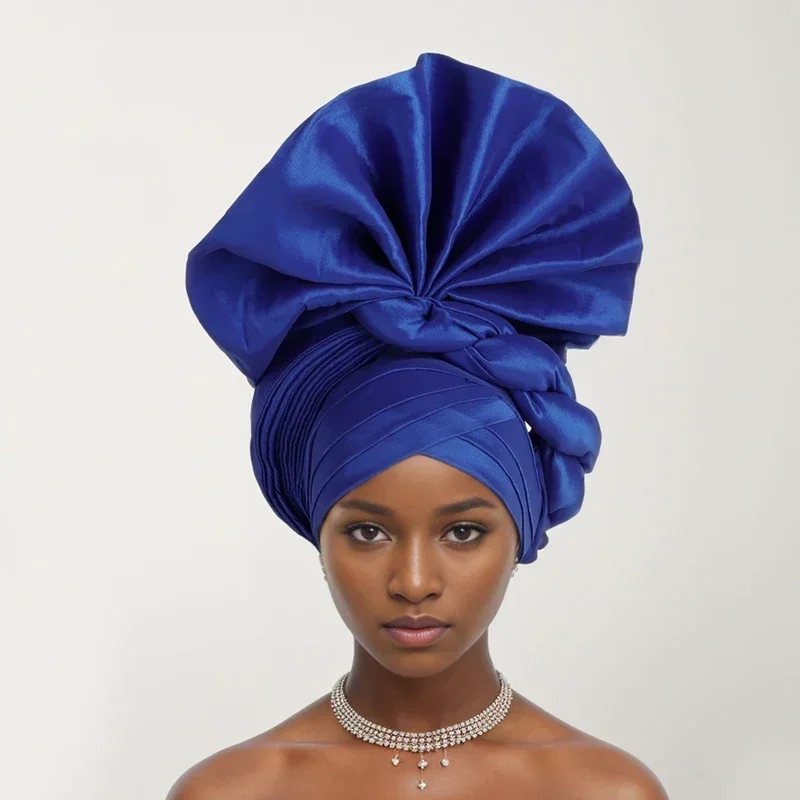 2024 African Female Turban Cap Women's Autogele Headtie Nigeria Raw Silk Fan Gele Wedding Party Head Wraps Headwear Turbante