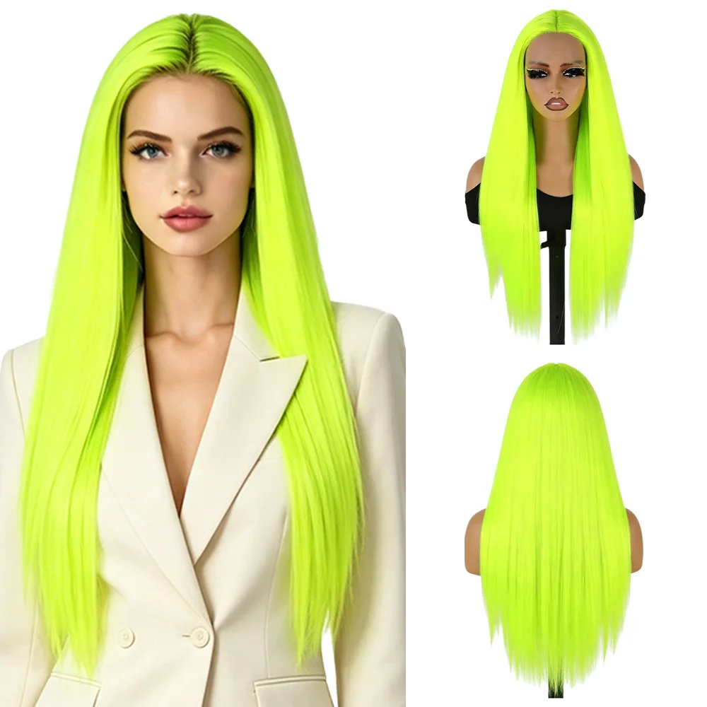 13×4 Lace Front Wig Neon Green Long Straight Heat Resistant Synthetic Wig with Natural Hairline For Women Party Music Festival