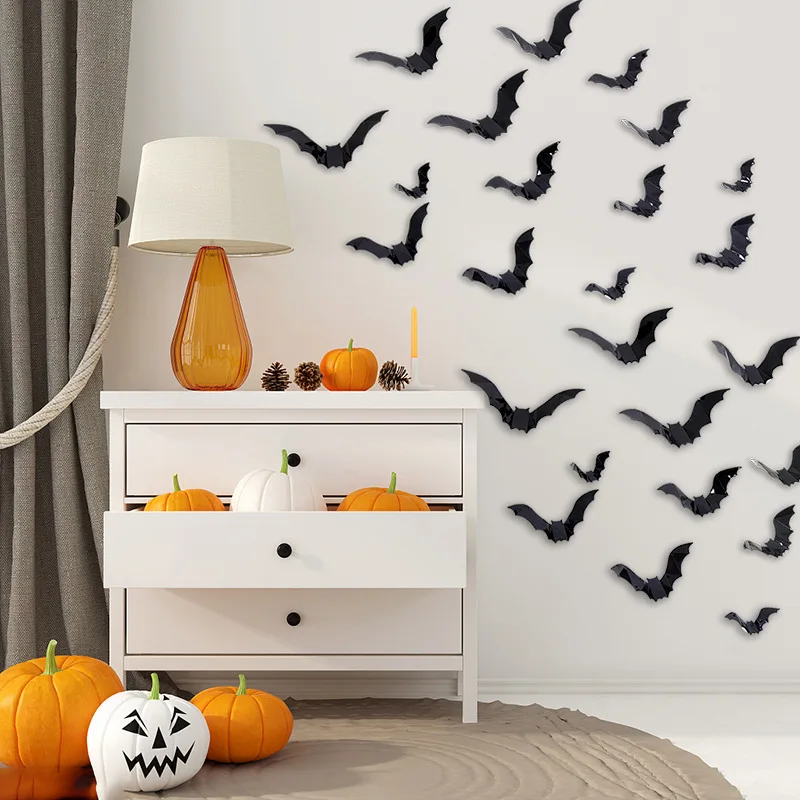 12/48pcs Halloween Sticker Decoration 3D Black Bat Spider Ghost Halloween Party Bar Room Decor Party Scary Props Wall Sticker