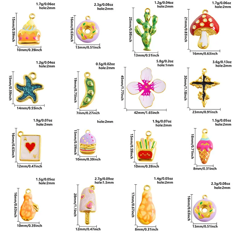 

8pcs/Lot Colorful Enamel Stainless Steel Poker Card Flower Popsicle Burger Cactus Mushroom Charm Pendant Diy Jewelry Accessories