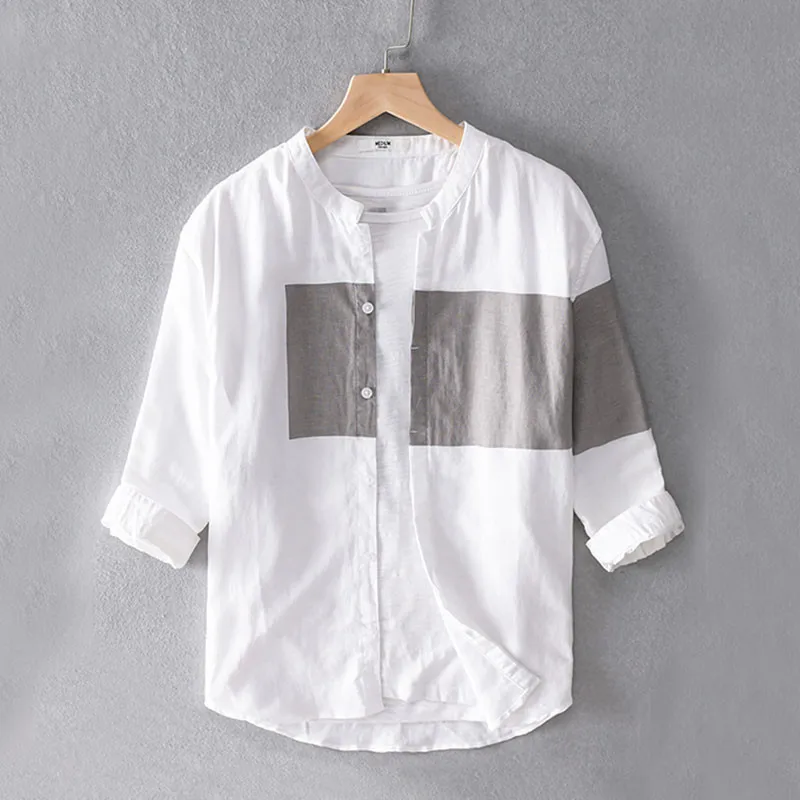 2023 Men's Shirt Stand Collar 2-Color Casual Middle Sleeve Summer Shirt Colorblock Streetwear Fashion Male Tops Tee M-3XL  MY734