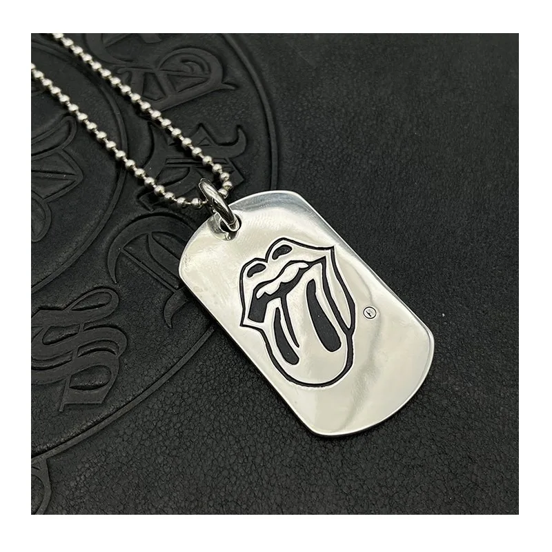 

Punk Hip Hop Thai Silver Retro Big Tongue Tag Necklace Nameplate Military Brand Sanskrit Sweater Chain Accessories