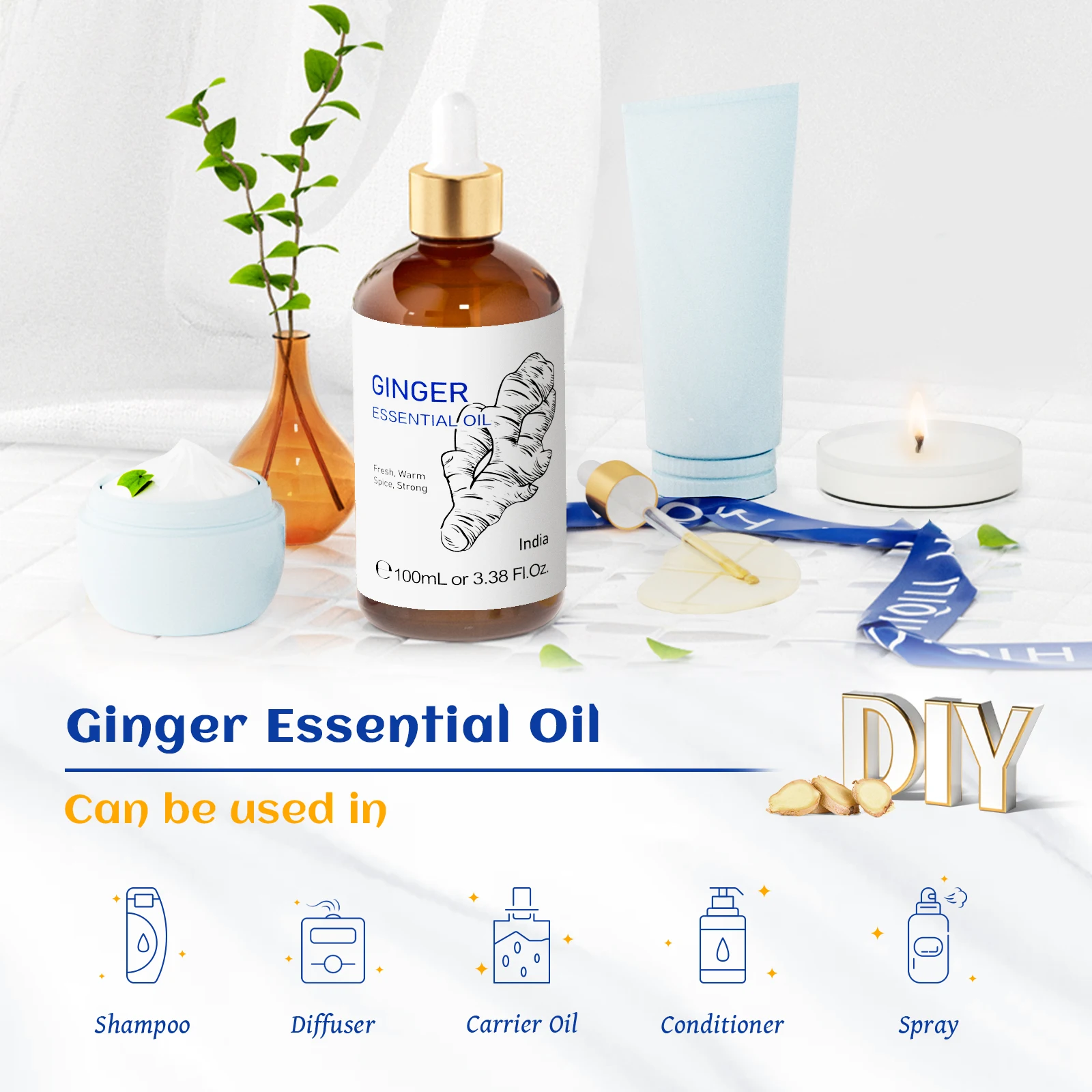 HIQILI Essential Oil 100ml Natural Ginger Rosemary Turmeric for Diffuser Relaxing Massage Skin Moisturizer Home Fragrance
