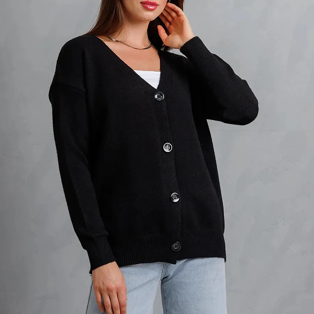 الصلبة اللون محبوك سترة مفتوحة المرأة فضفاضة عارضة سترة برقبة على شكل حرف V الخريف الشتاء نمط جديد