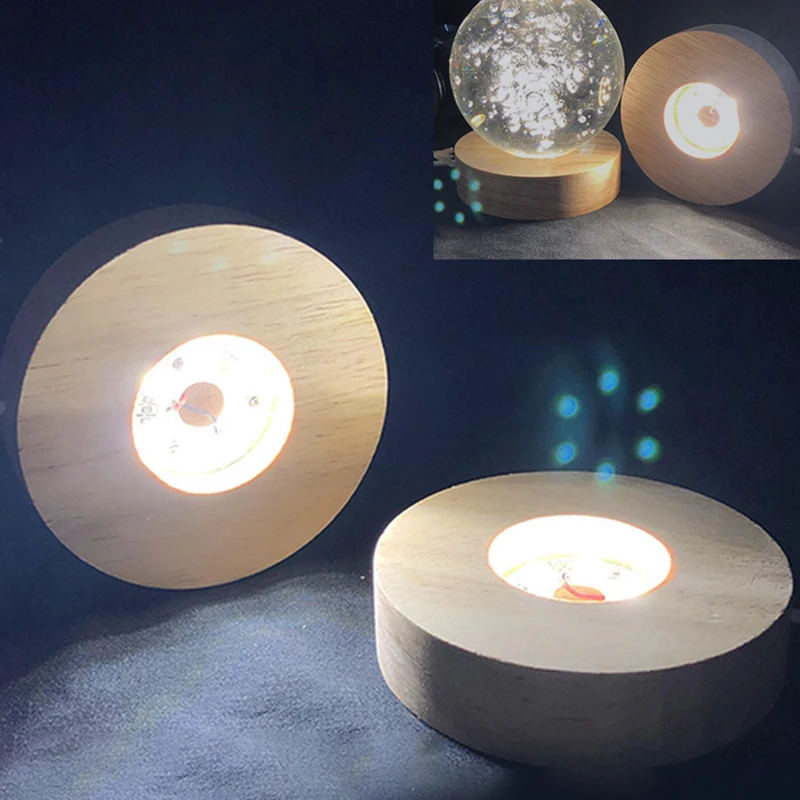 Wooden LED Light Display Base Crystal Glass Resin Art Ornament Wooden Night Lamp Base LED Light Rotating Display Stand