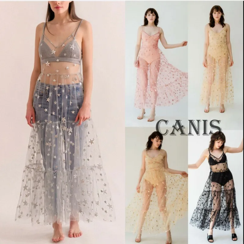 Robe smockée transparente en maille à paillettes pour femmes, sans manches, fendue, mi-longue, vacances, plage, Club, robes d'été Sexy