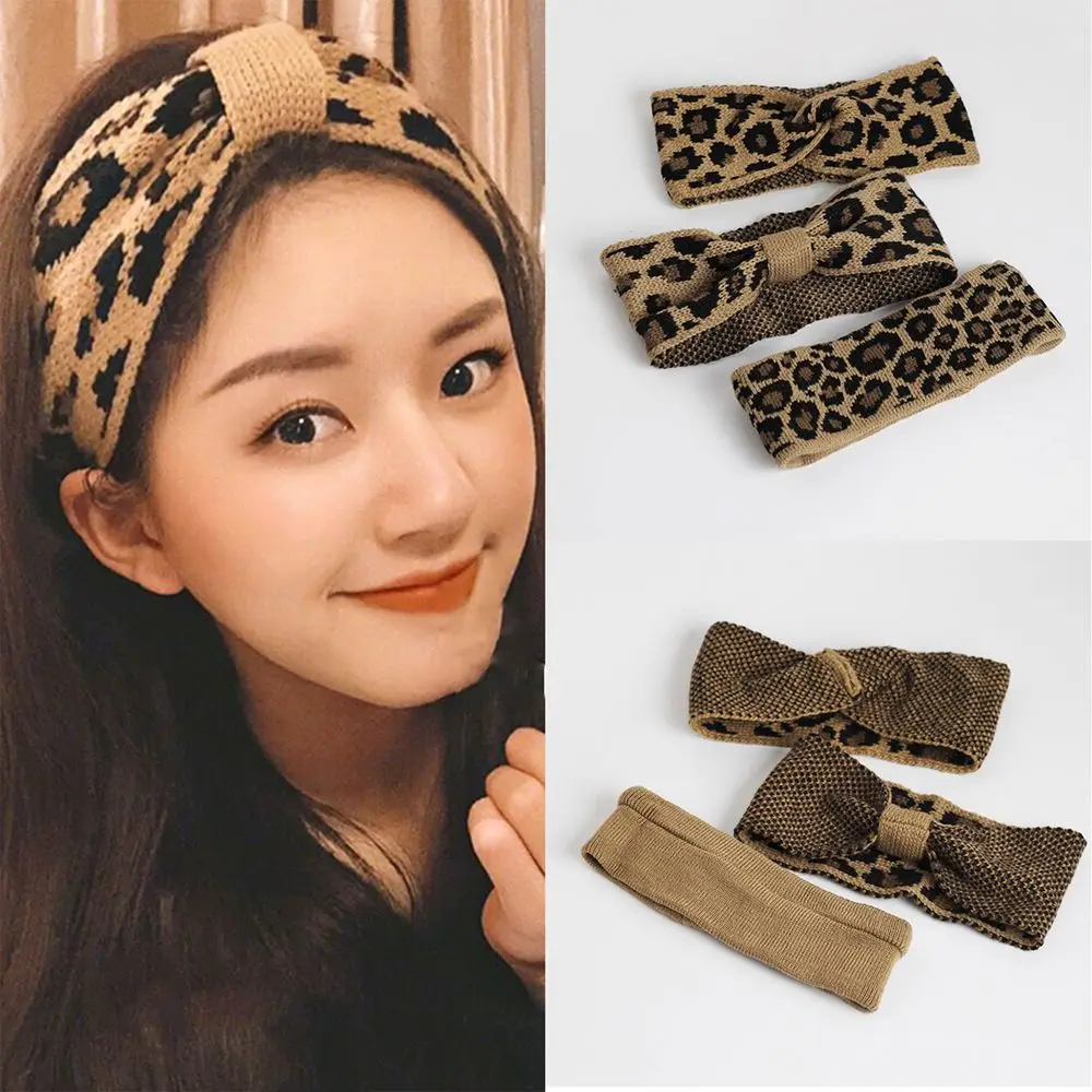 New Hair Styling Winter Warm Leopard Headwear Bowknot Turban Knitted Headband Crochet Head wrap