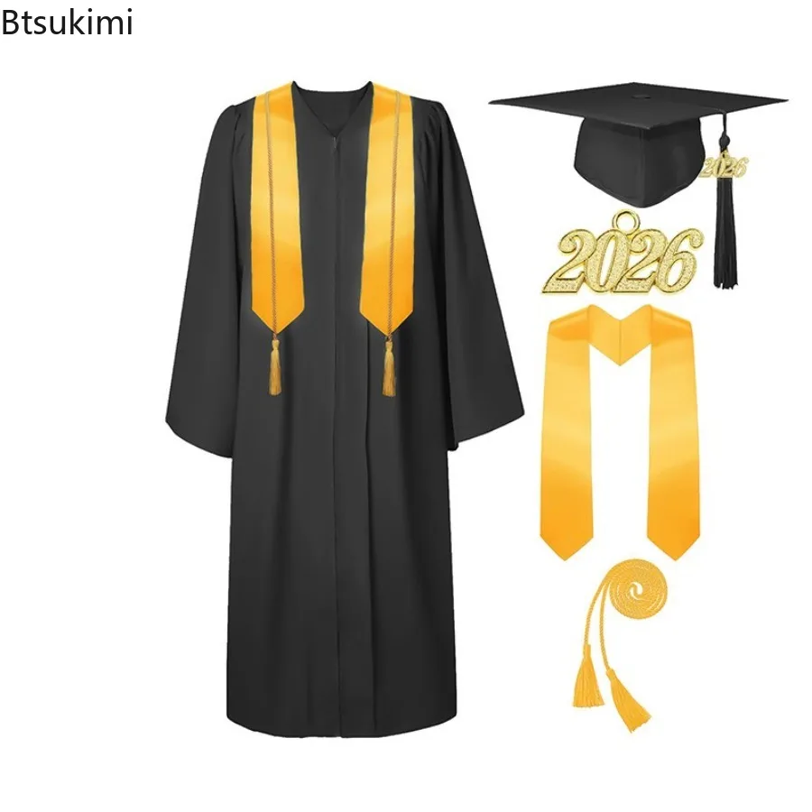 2026 Adult Graduation Costume Bachelor Degree Gown Academinc Uniform Boy Girl Graduation Photography Performance Robe Hat Set