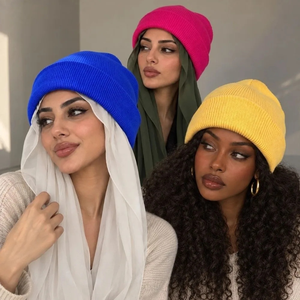 Fashion Solid Knit Beanie High Stretch Ribbed Knit Pullover Cap Oversized Fit Soft Winter Hat Daily Wear