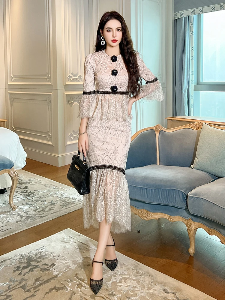 Nueva moda ocasión Formal encaje elegante traje de 2 piezas ropa de Mujer señoras elegante Tops camisa blusa y falda de cola de pez conjunto de Mujer