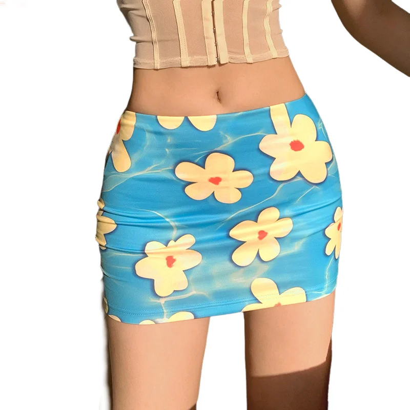 

Женская мини-юбка 2026, летняя пляжная юбка с цветочным принтом, синяя трикотажная юбка трапециевидной формы с регулируемой талией, горячая милая сексуальная девушка