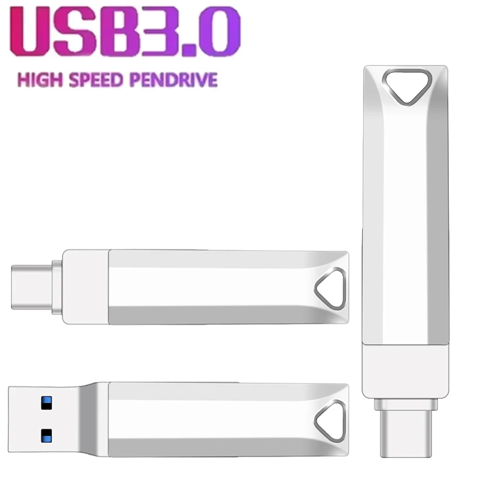 USB3.0 2IN1 Metal U Disk 128GB 64GB USB Flash Drive TYPE-C Memory Disk 32GB 16GB Rotatable Pen Drive 256GB Silver Creative Gift