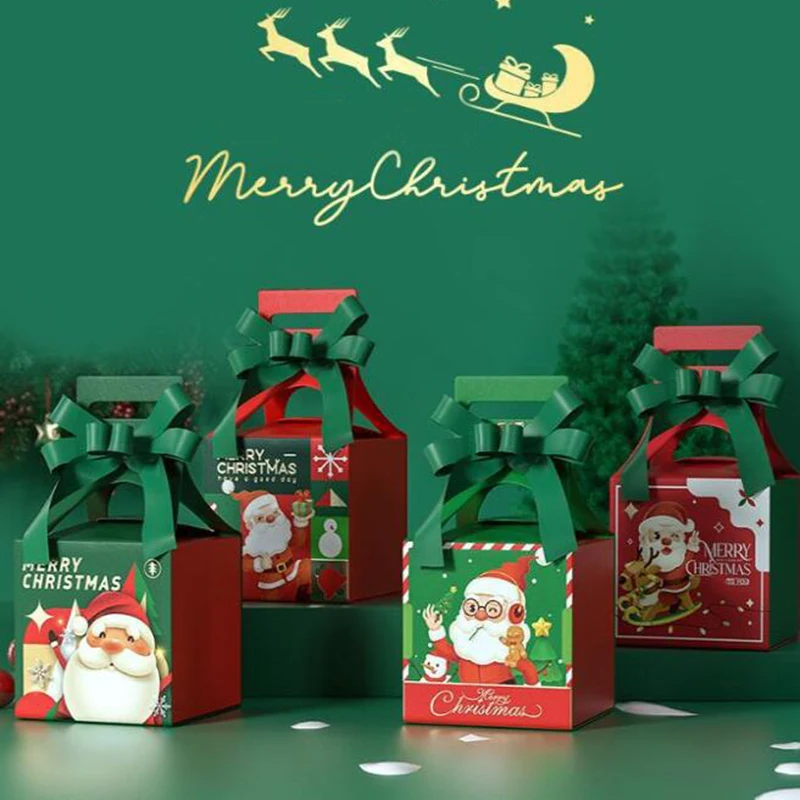 10Pcs Christmas Eve Apple Gift Box Portable Favor Santa Claus Candy Box Packaging Bag With Ribbon Merry New Year Party Supplies