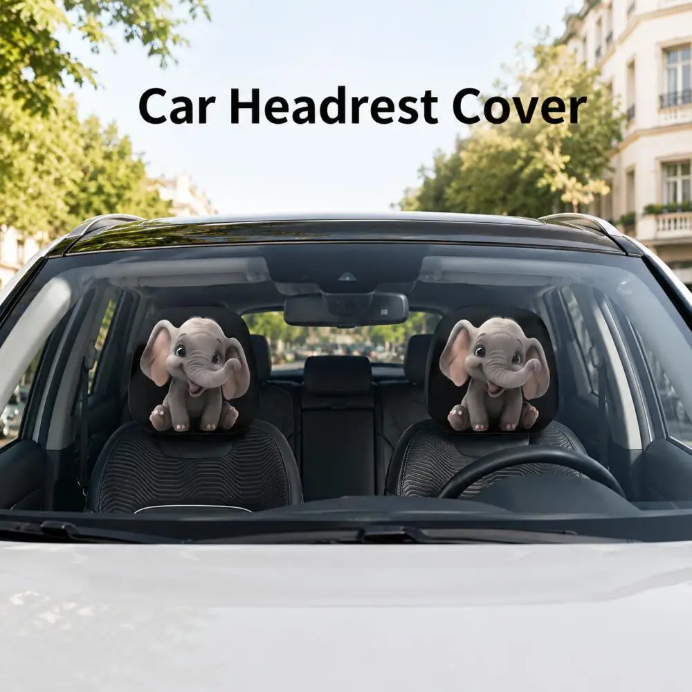 2PCS Cute Baby Elephant Car Headrest Covers 2D Flat Cartoon Elephant Black Animal Lovers Universal Auto Protector