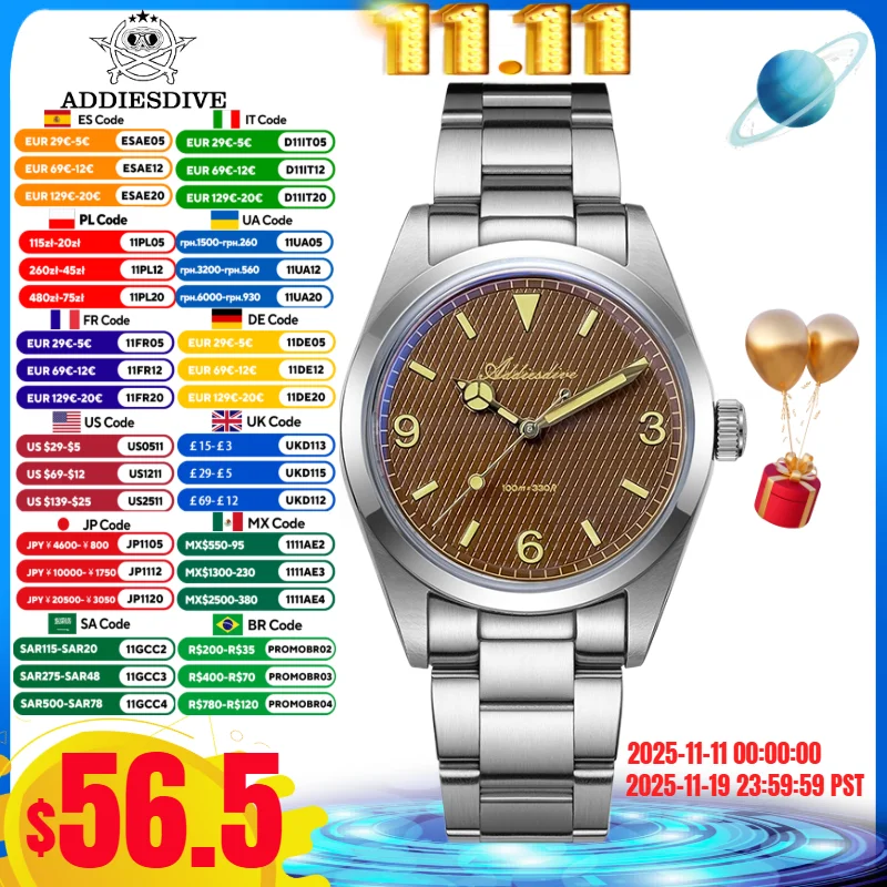 ADDIESDIVE ขายร้อนนาฬิกาผู้ชาย reloj hombre 10Bar กันน้ํา 316L สแตนเลสสตีลกระจกควอตซ์นาฬิกา