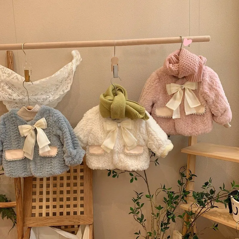 Autumn Winter Children Girl Woolen Coat Plus Velvet Thicken Warm Infant Baby Girl Coat Knotbow Soft Toddler Girl Outerwear Coats