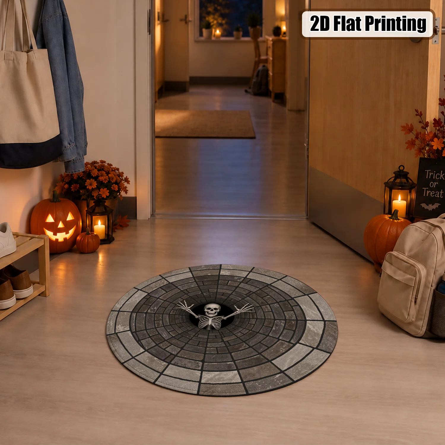 3D Skeleton Tunnel Design Round Velvet Area Rug, Machine Washable Decorative Rug for Living Room, Bedroom, Entryway, Dining Room, Perfect for Halloween, Thanksgiving, Christmas, New Year, Black Friday, Cyber Monday Home Decor