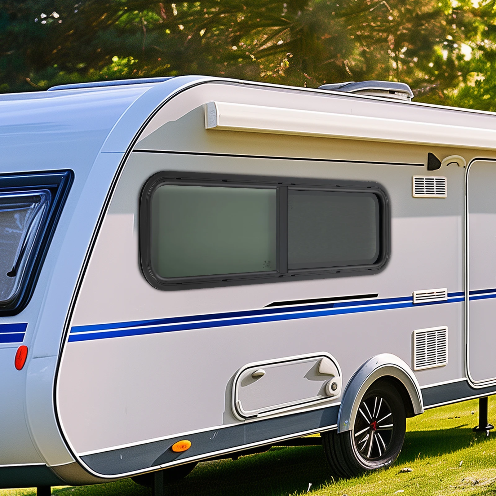 Universal RV Push Out Sliding Window with Black Privacy Glass & Mosquito Screen for 2-6mm/48-55mm Wall Thickness Campers
