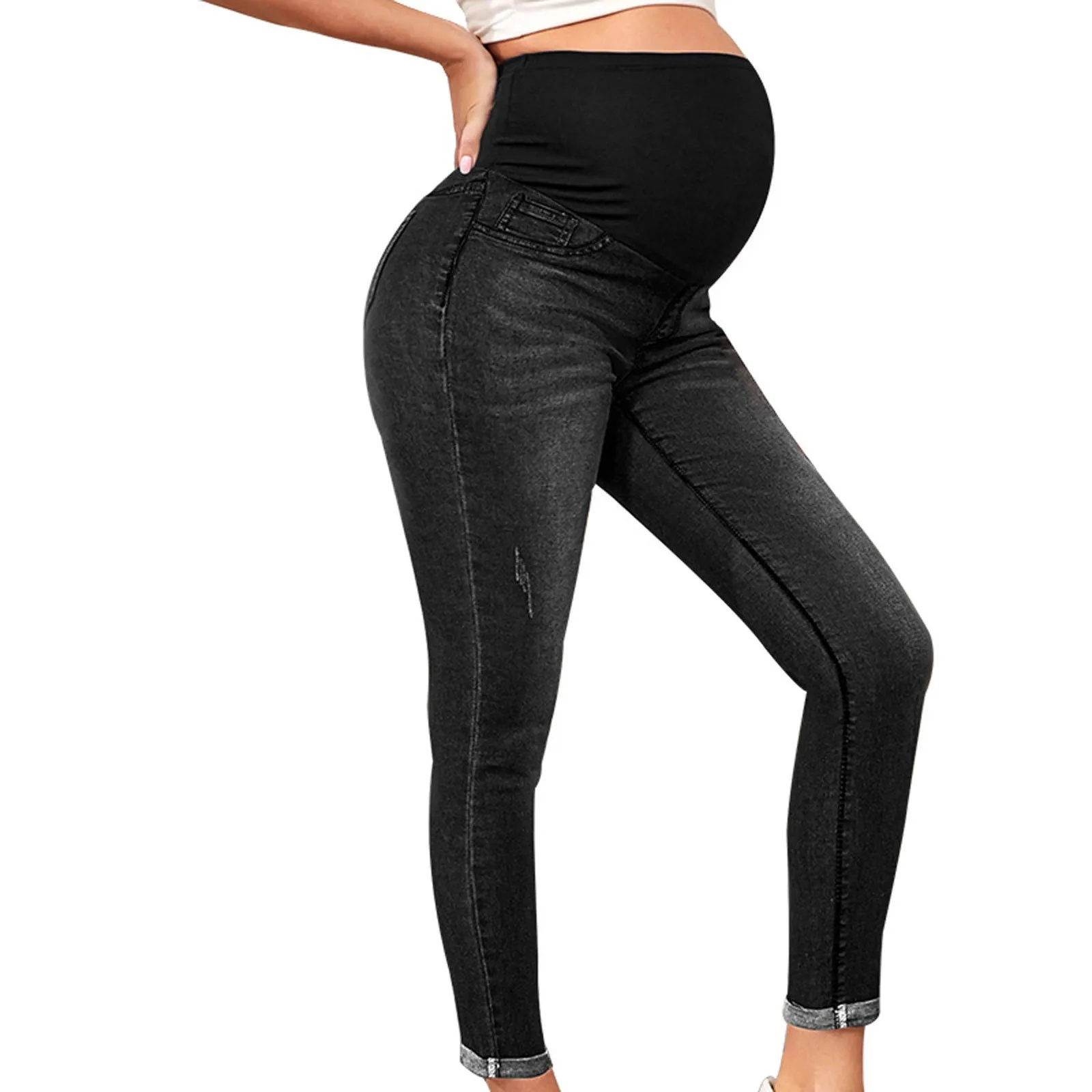 Women's Maternity Jeans Jeggings Full Panel Pull On Ripped Distressed Stretchy Skinny Denim Pant Jean's Posh Pantry