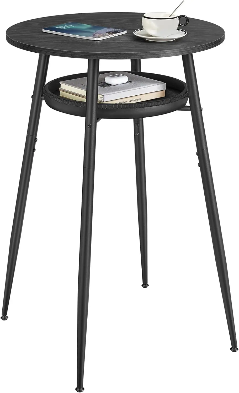 XMSJ EKHO Collection - Bar Table With Storage, Round High Pub Table, Synthetic Leather With Stitching, Mid-Century Modern