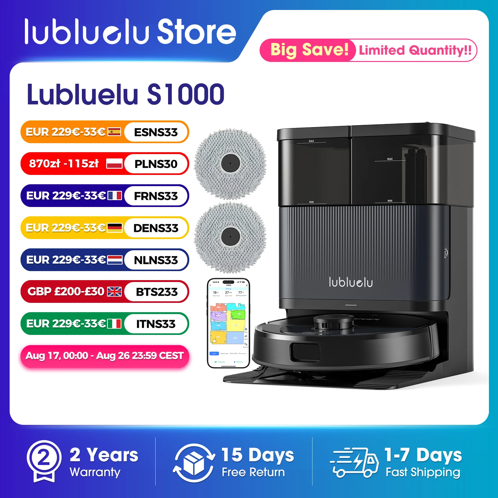 Lubluelu S1000 Saugroboter mit All-in-One Selbstreinigungsstation - Automatisches Entleeren/Waschen/Trocknen des Wischmopps, Freihändig, 11000Pa, 180 Min. Laufzeit